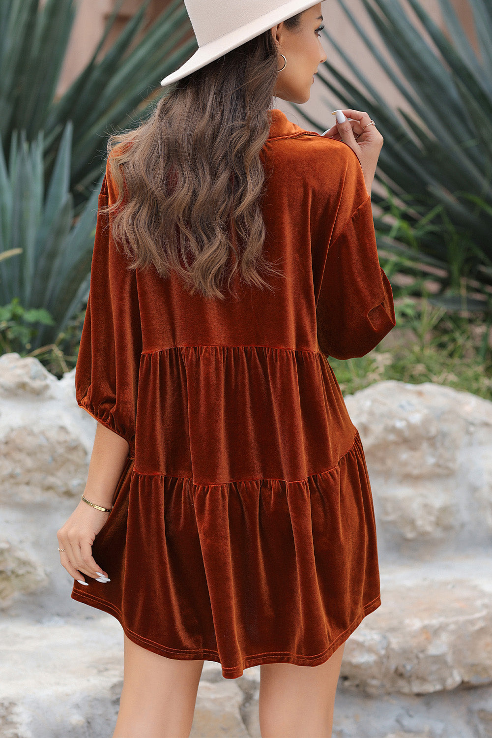 Pitaya Pink 3/4 Sleeve Tunic Babydoll Velvet Shirt