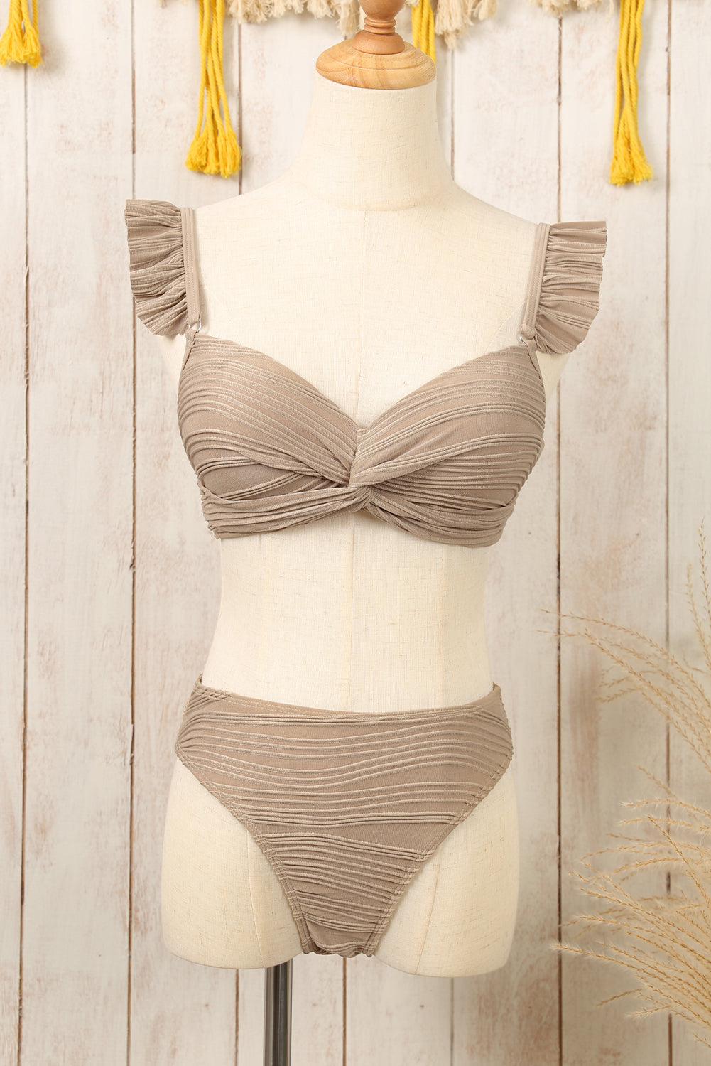 Pale Khaki Wavy Textured Ruffled Straps Twist Bikini Swimsuit