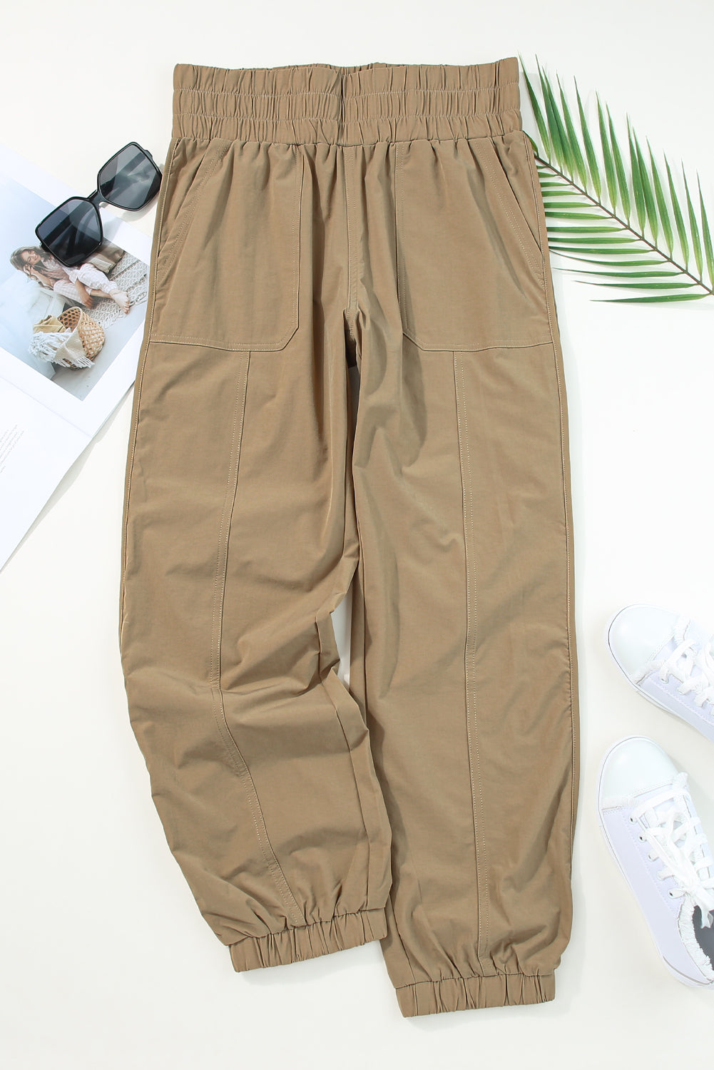 Khaki Smocked Elastic High Waist Joggers