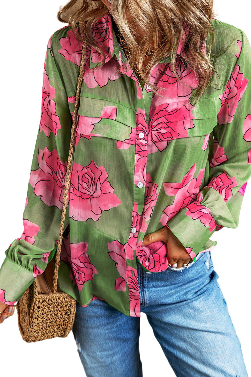 Black Floral Print Pleated Detail Puff Sleeve Shirt