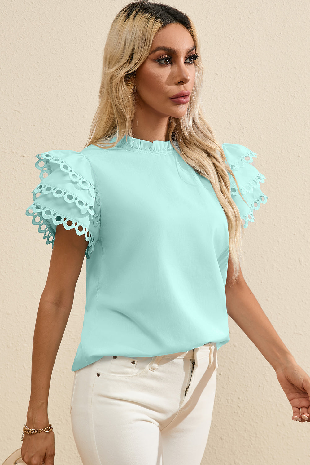 Beau Blue Layered Ric Rac Cap Sleeve Filled Neck Blouse