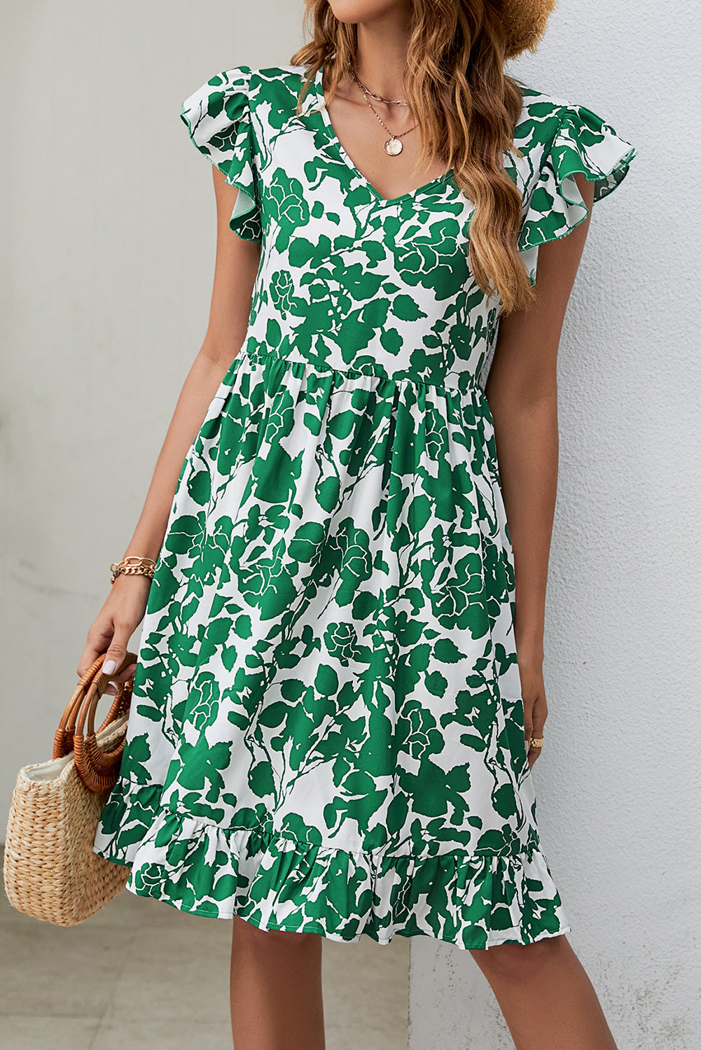 Dark Green Leaf Print V Neck Flutter Sleeve Dress