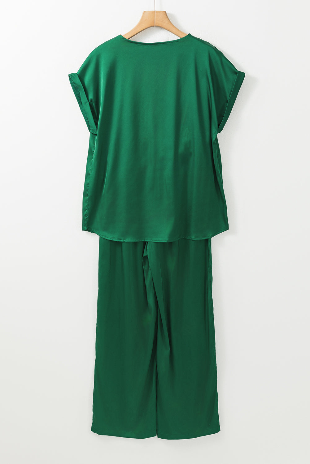 Dark Green Guipure Trim V Neck Satin Two-piece Set