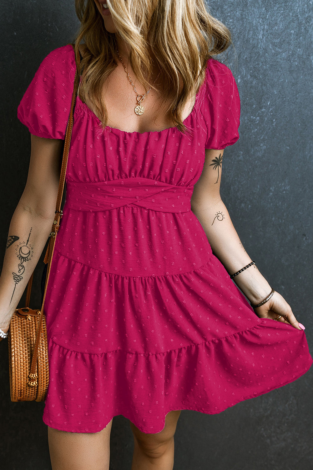 Navy Blue Swiss Dot Jacquard Puff Sleeve Crossover Tied Tiered Dress