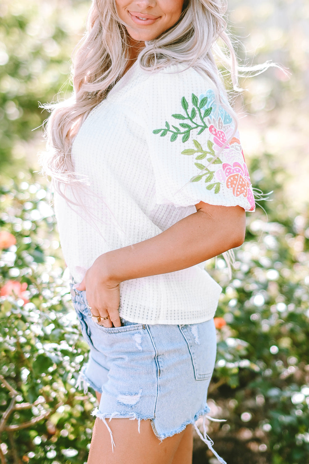 White Floral Embroidered Puff Sleeve Notched Neck Blouse