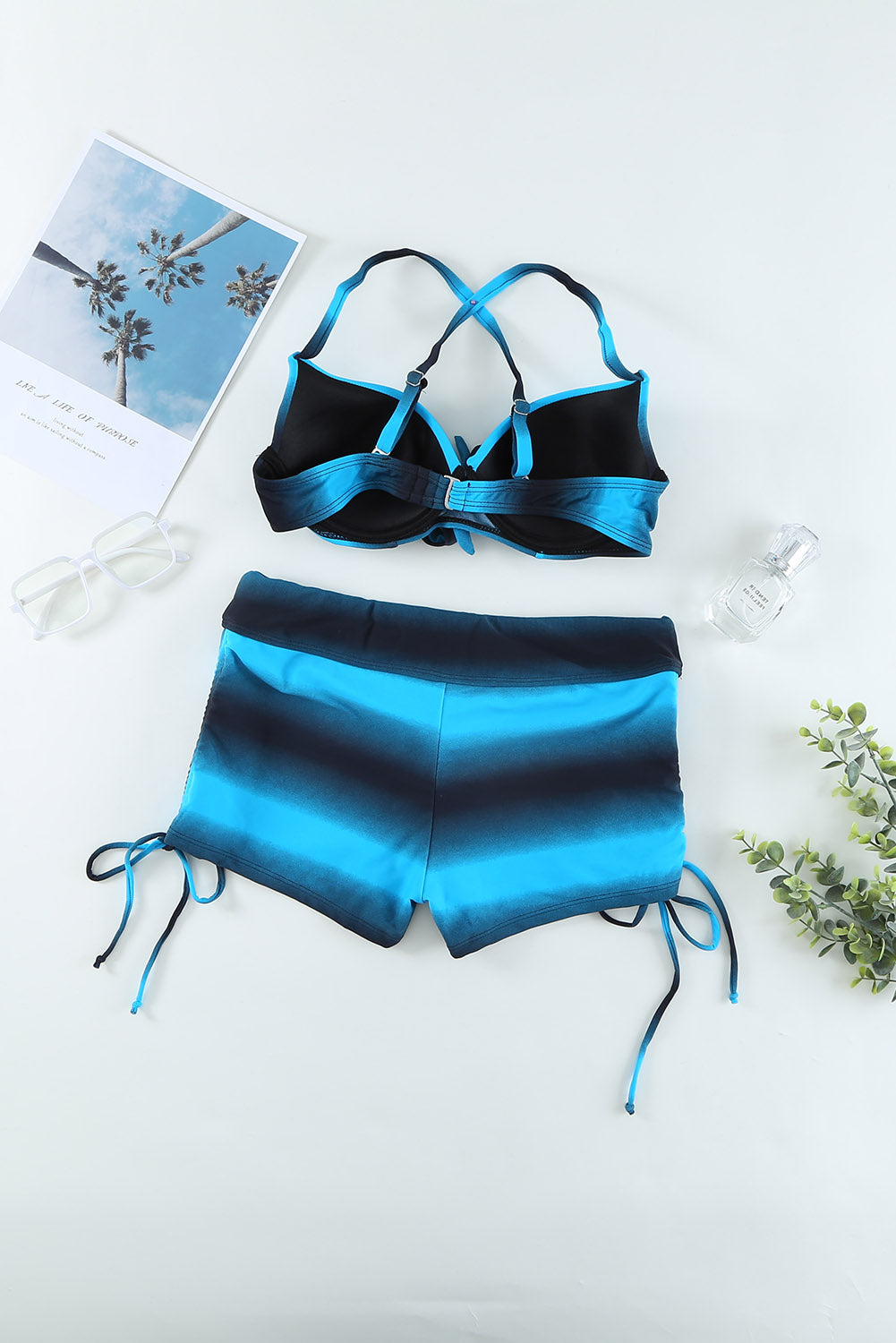 Blue Black Ombre Shading Push Up Bikini and Boardshort