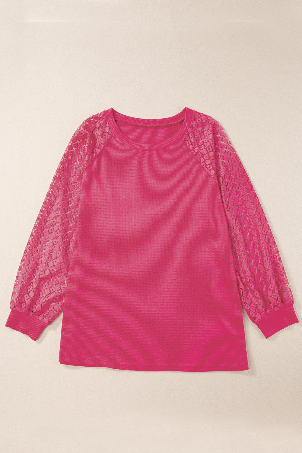 Strawberry Pink Plus Size Contrast Lace Sleeve Waffle Knit Top