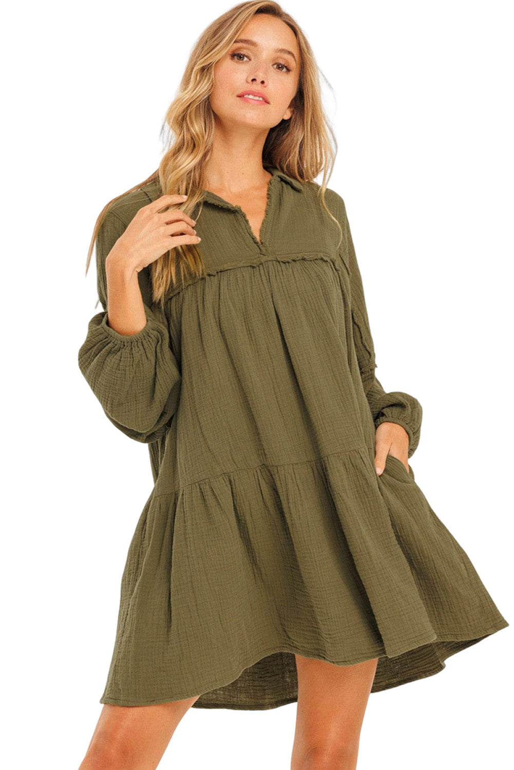 Green Frayed Trim Split Neck Puff Sleeve Flared Dress