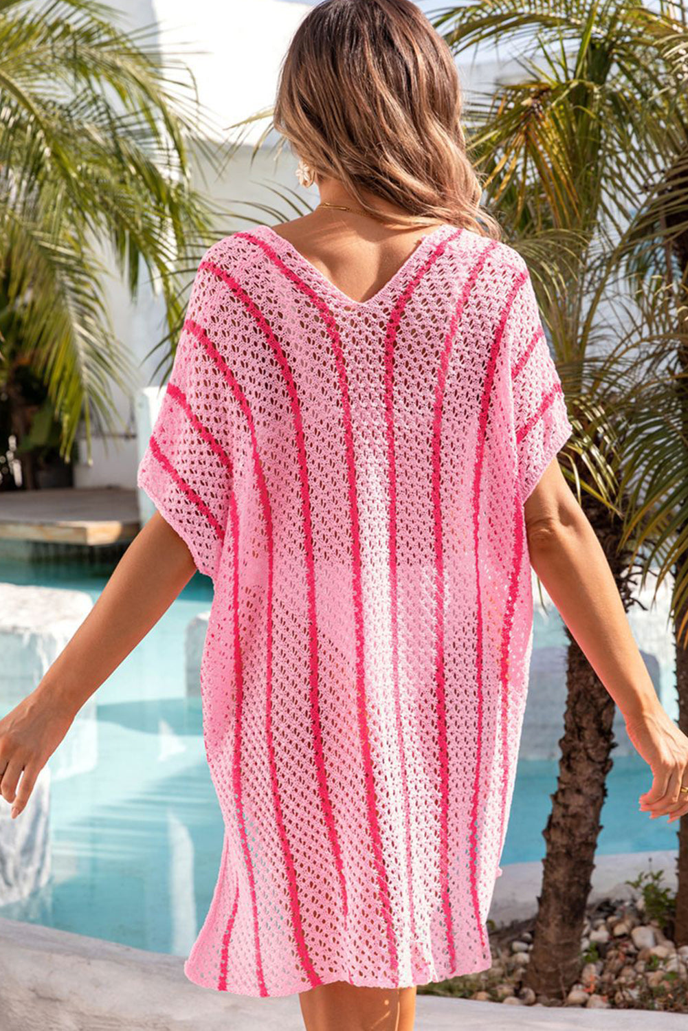 Black Striped Crochet Loose Fit V Neck Beach Cover Up