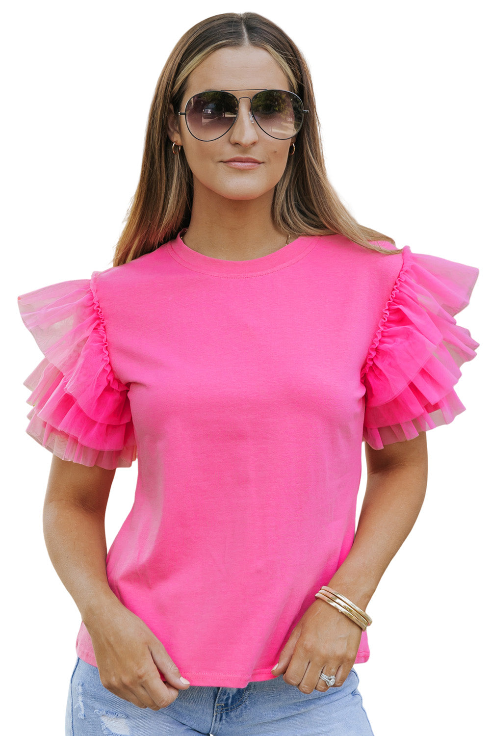 Pink Tulle Ruffle Sleeve Top