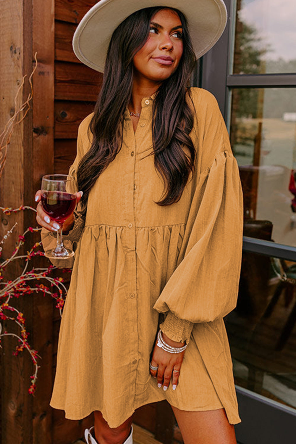 Light French Beige Loose Bishop Sleeve Shirt Dress