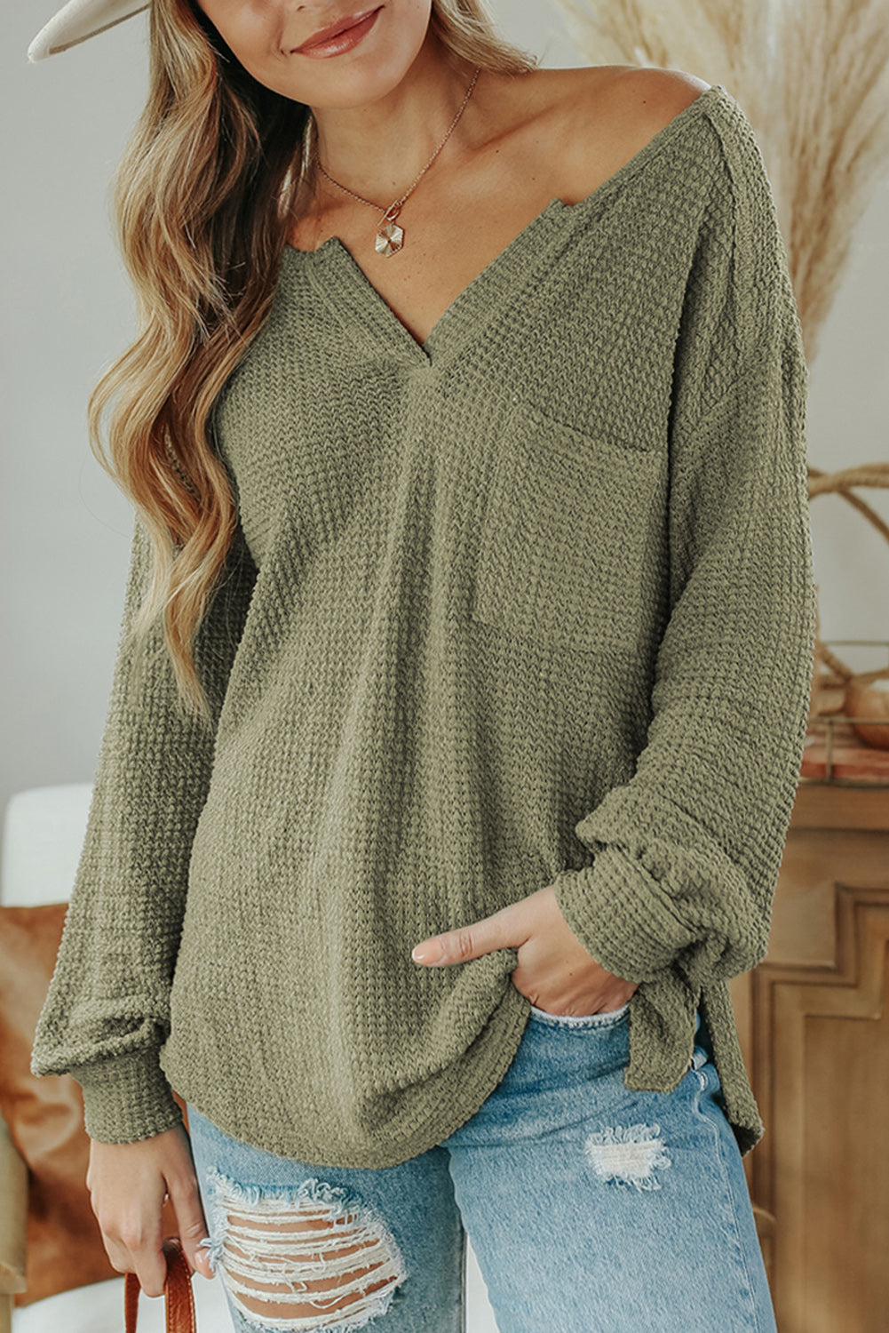 Beige Waffle Knit Split Neck Pocketed Loose Top