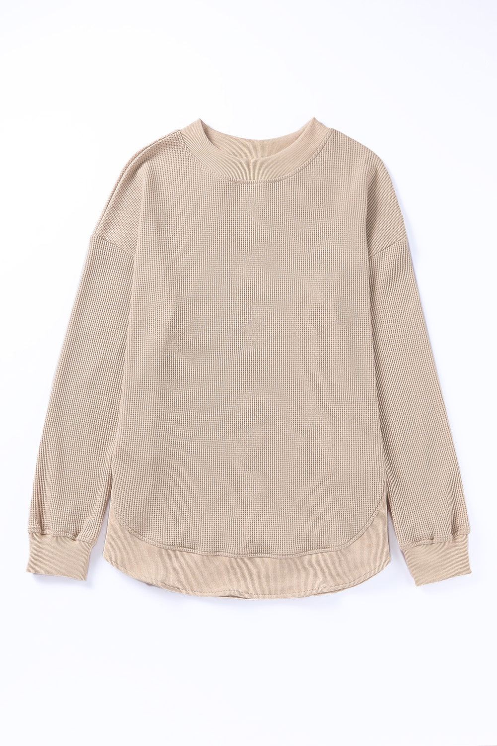 Gray Crew Neck Ribbed Trim Waffle Knit Top