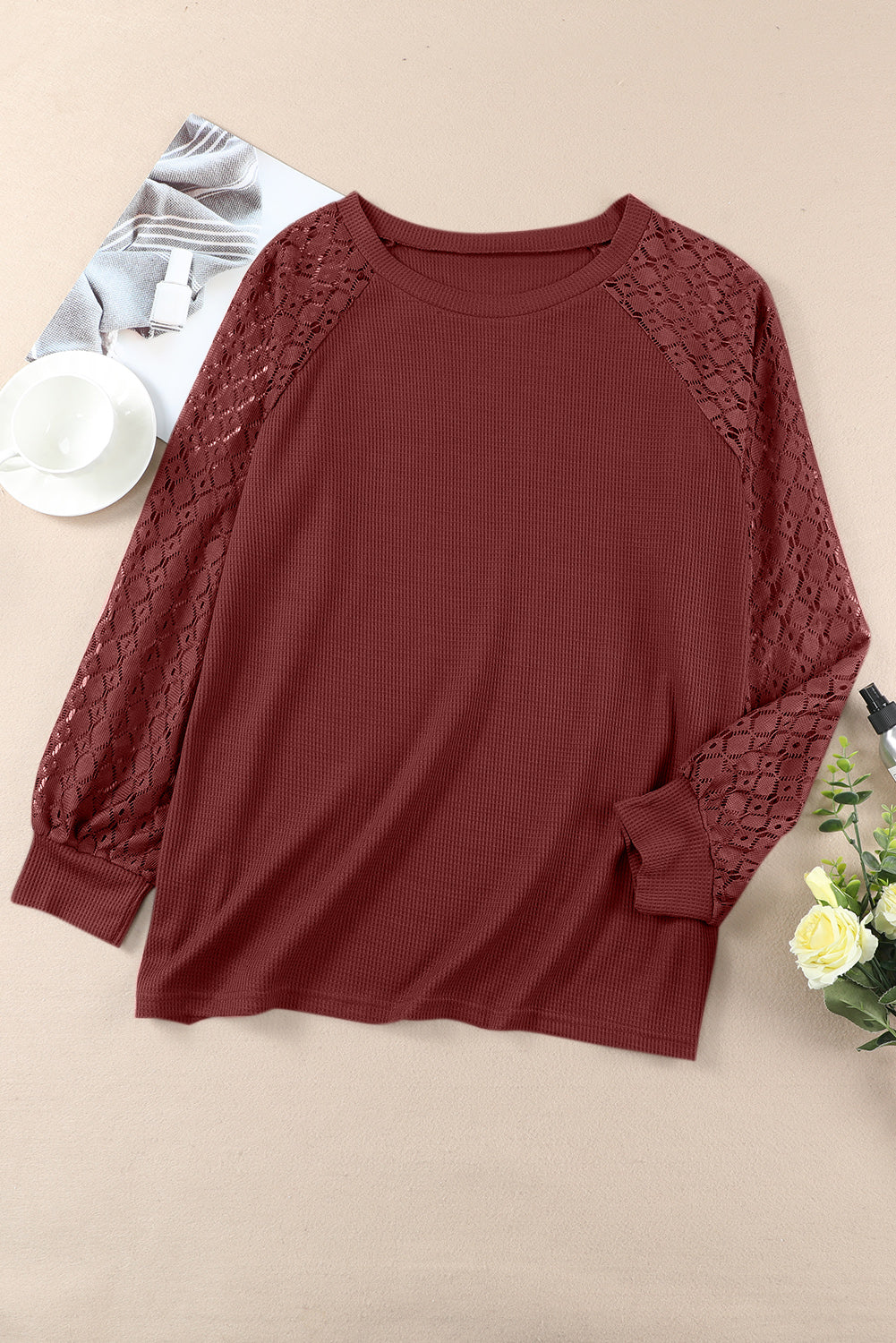 Strawberry Pink Plus Size Contrast Lace Sleeve Waffle Knit Top