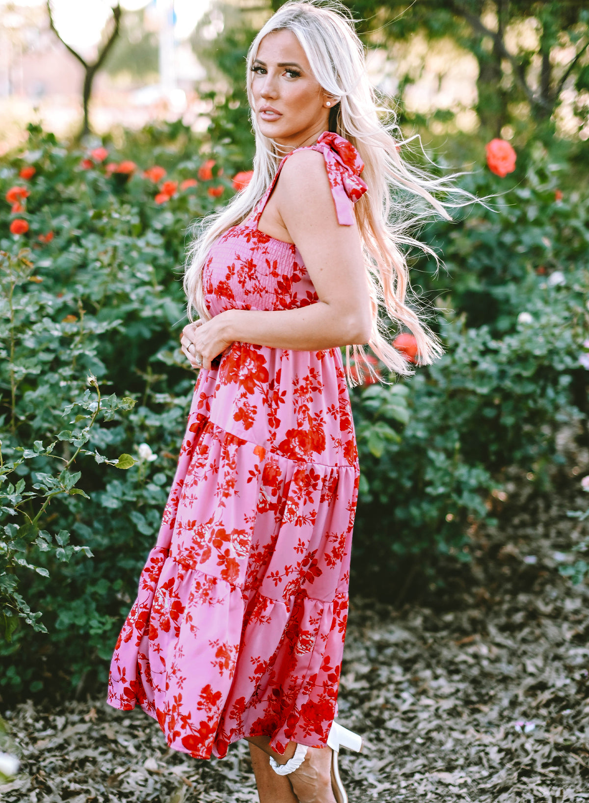 Blue Tie Shoulder Straps Tiered Floral Dress