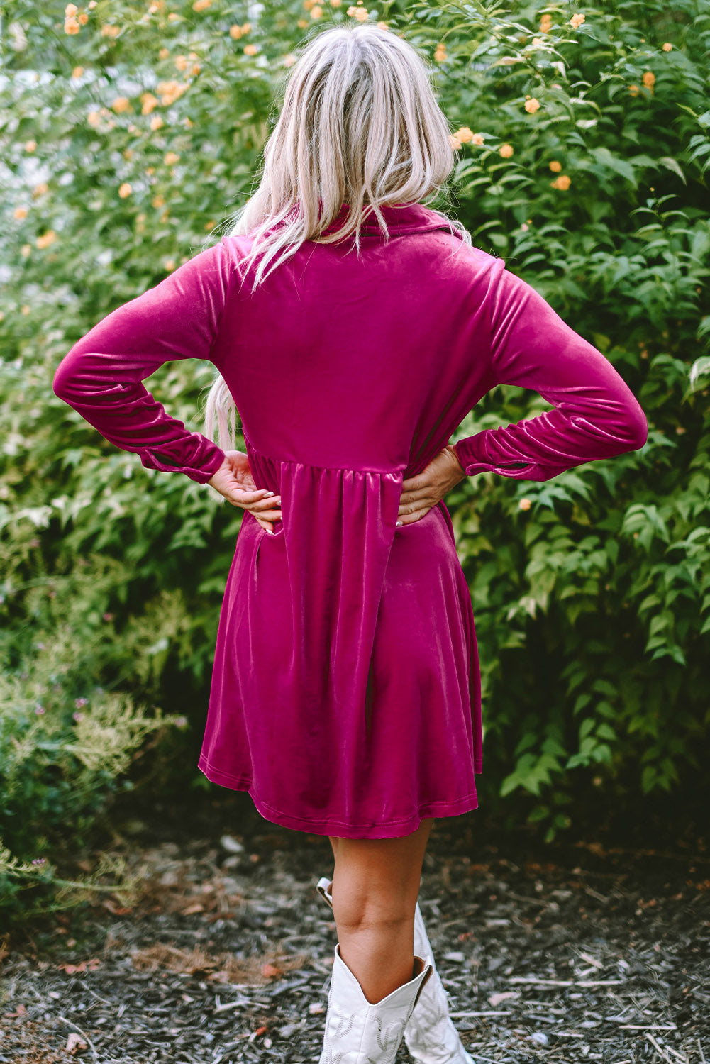 Black Long Sleeve Ruffle Velvet Button Up Dress