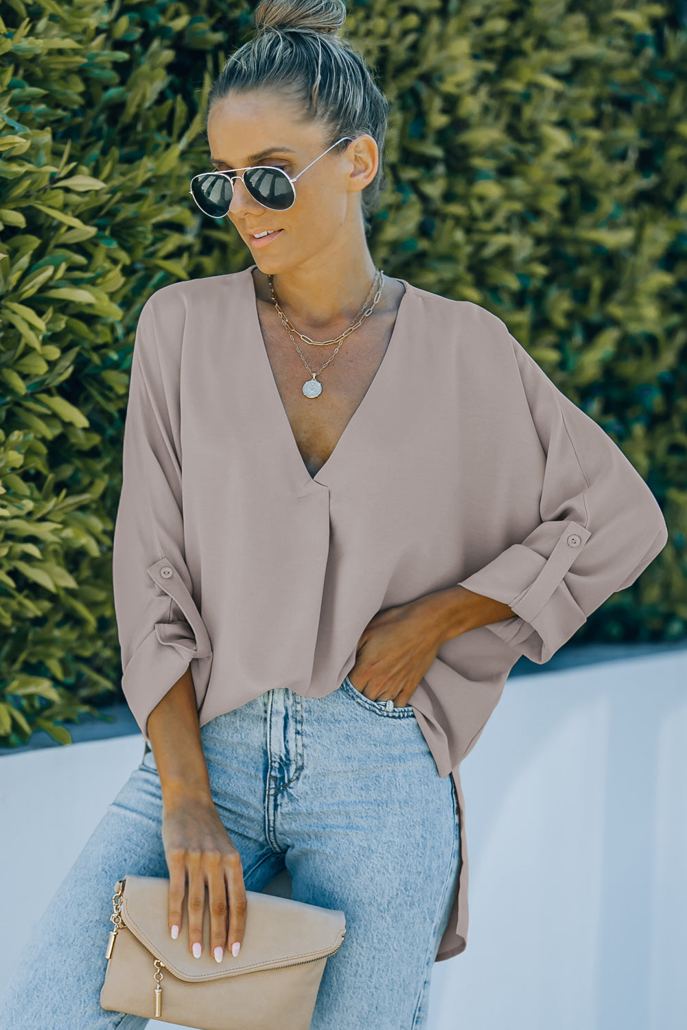 Blue V Neck 3/4 Sleeve High Low Hem Shirt