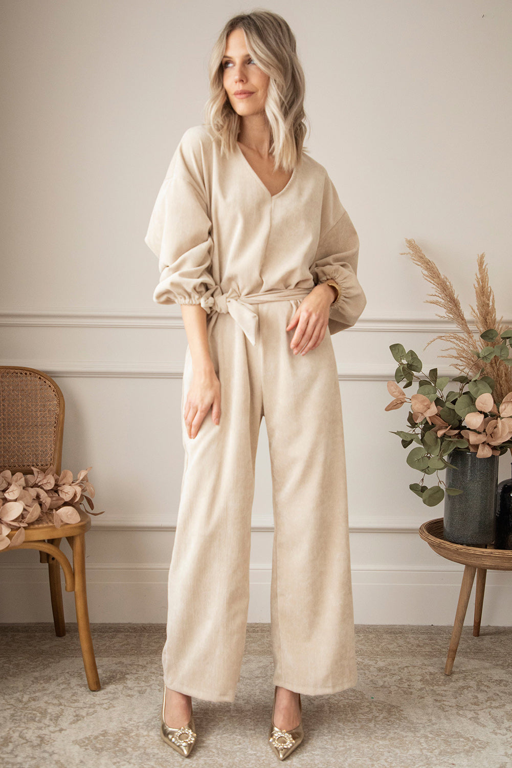 Apricot Keyhole Back V Neck Tie Waist Loose Jumpsuit