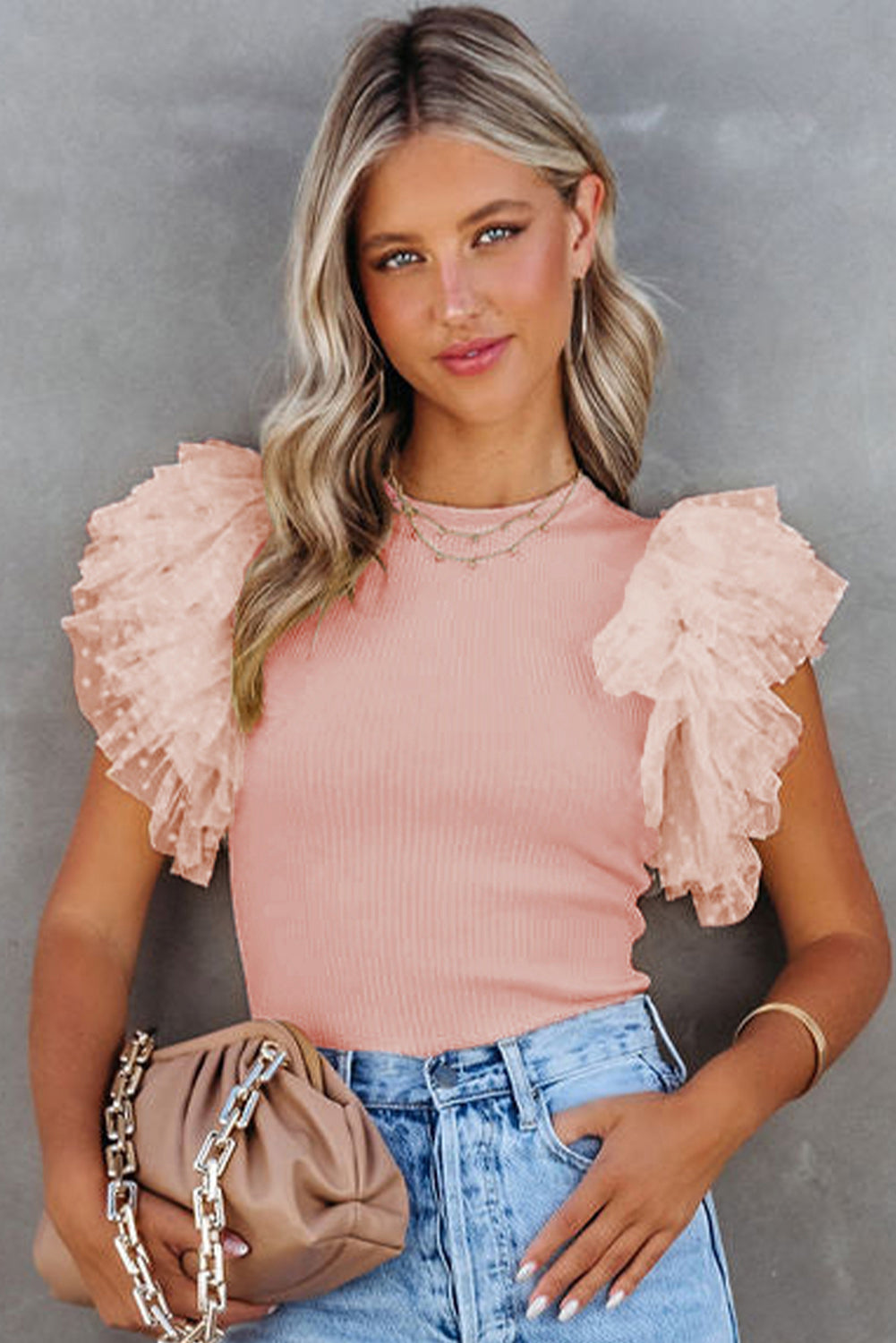 Pink Dotty Mesh Ruffle Sleeve Ribbed Knit Top