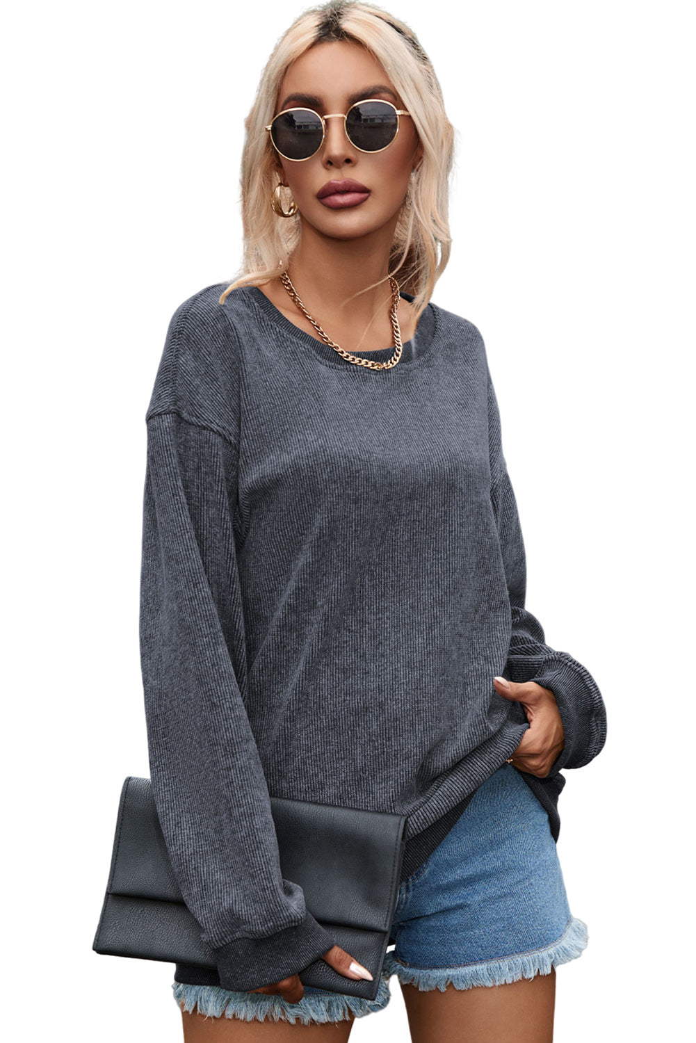 Pink Solid Ribbed Knit Round Neck Pullover Sweatshirt