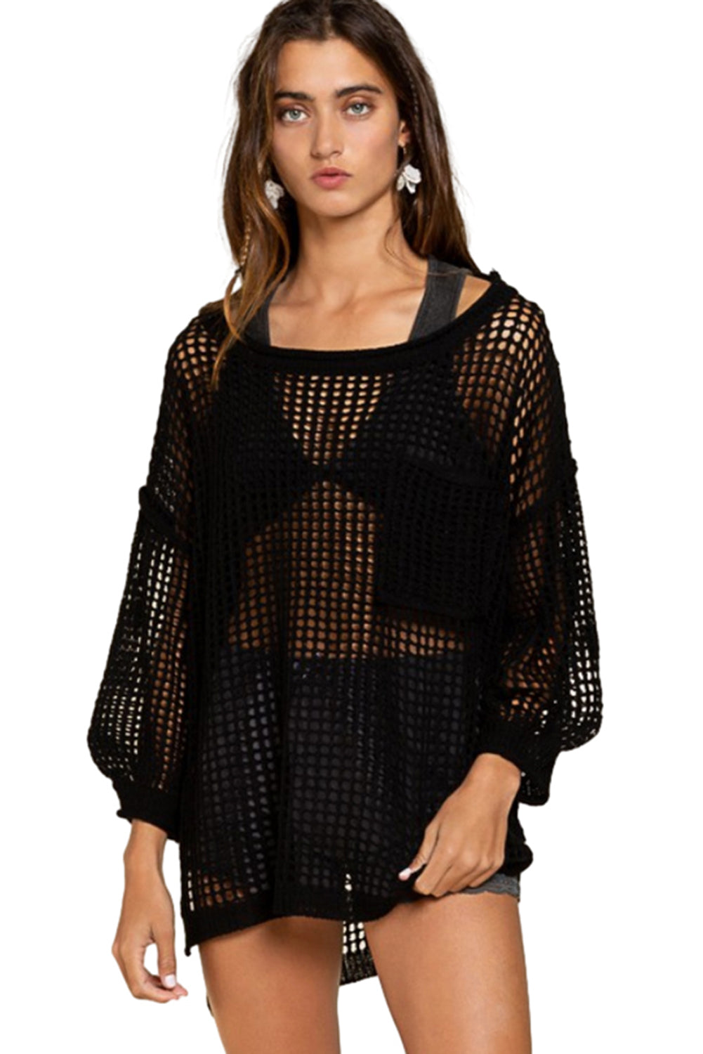 Black Fishnet Hollow-out Long Sleeve Beach Cover up