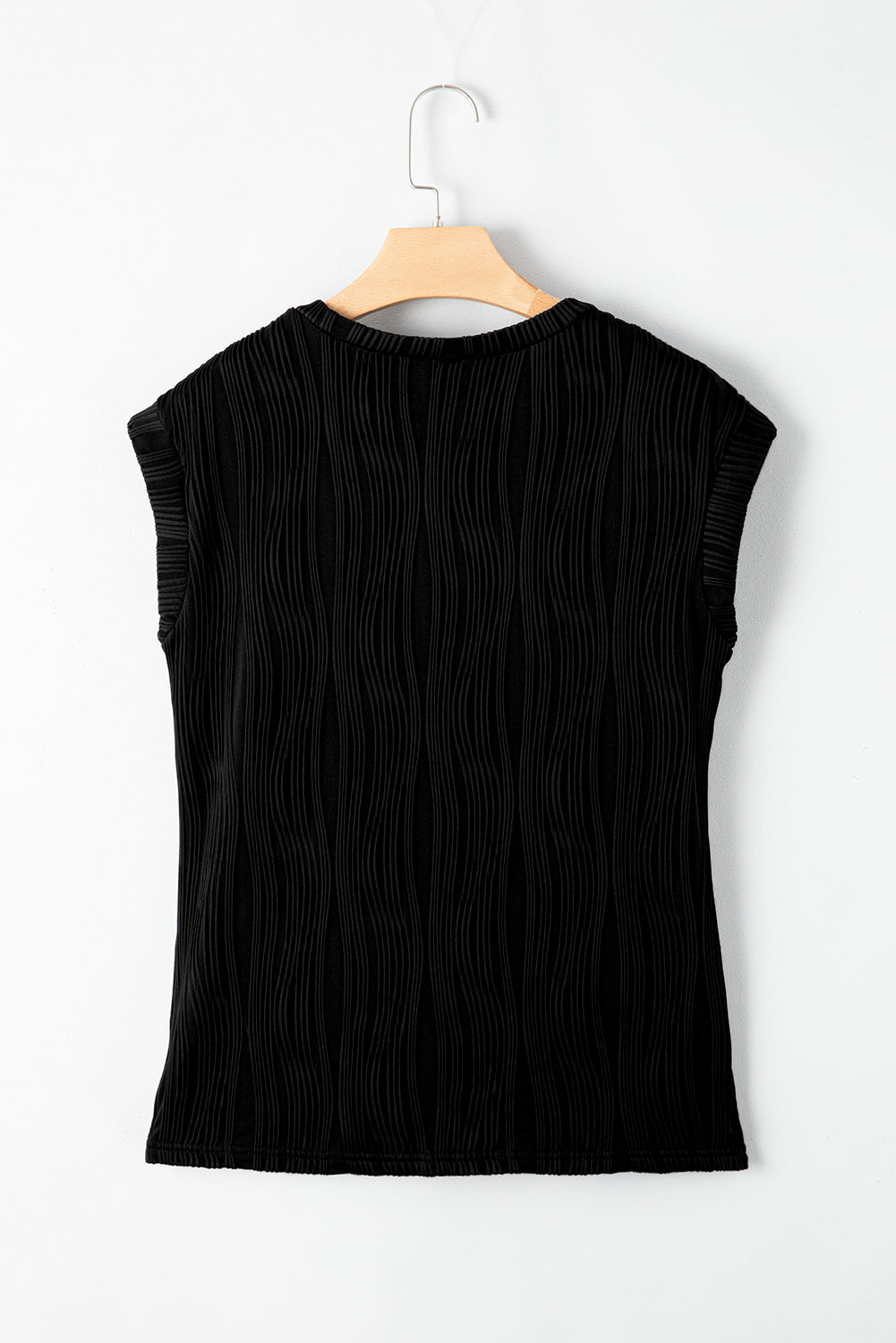 Black Wavy Texture Cap Sleeve Top