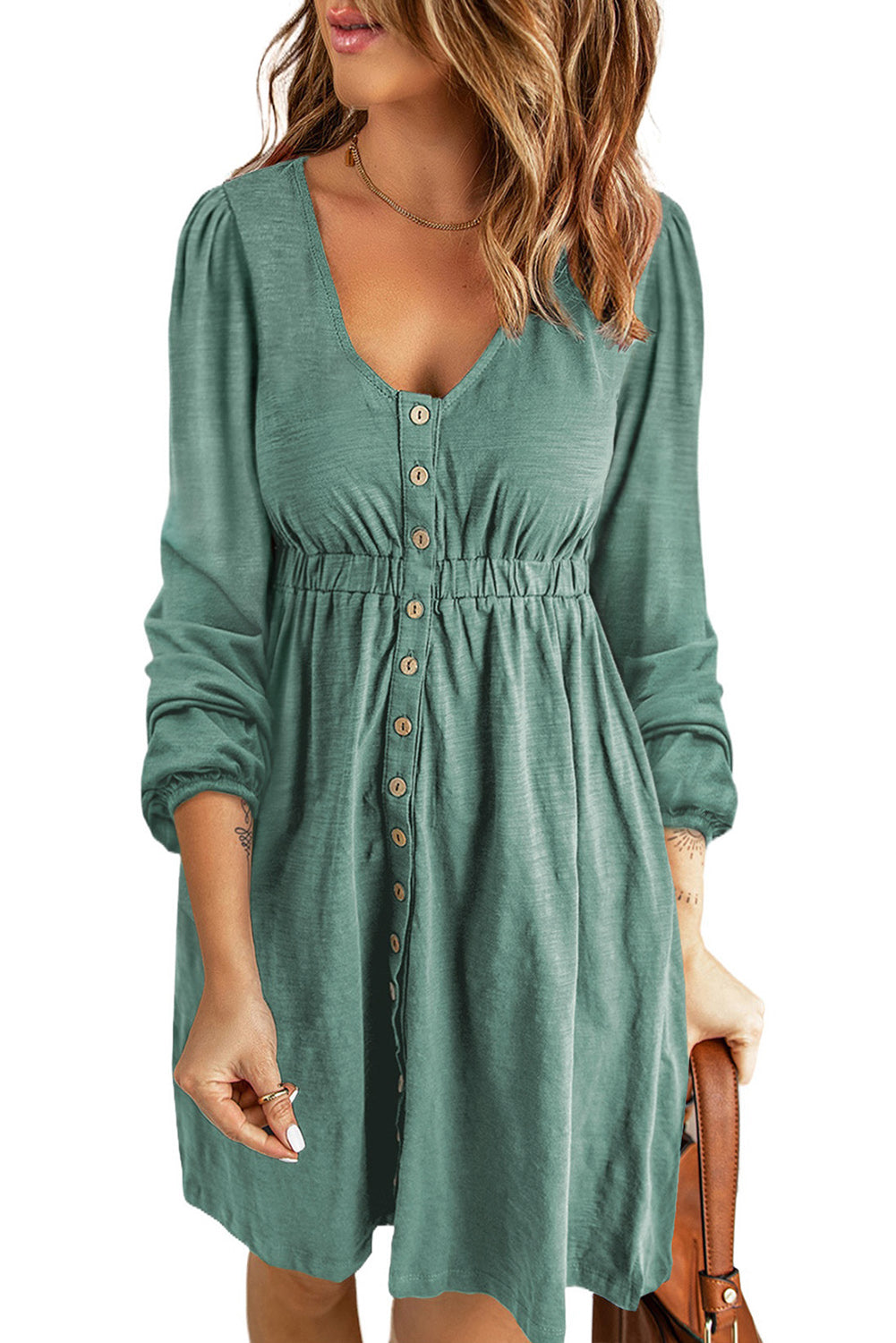 Button Up High Waist Long Sleeve Dress