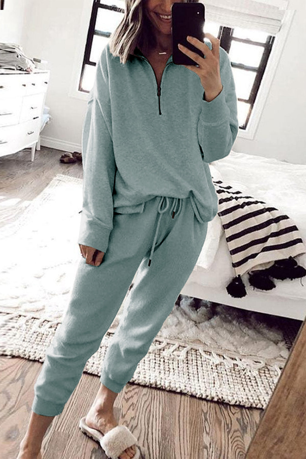 Gray Solid Half Zipped Drawstring High Waist Lounge Set