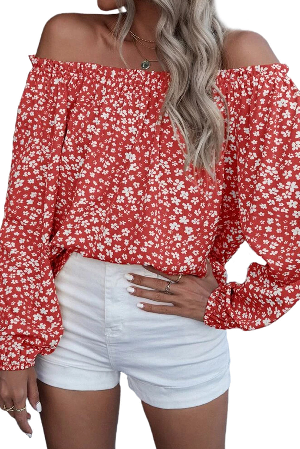 Fiery Red Floral Print Frill Trim Off-shoulder Lantern Sleeve Blouse