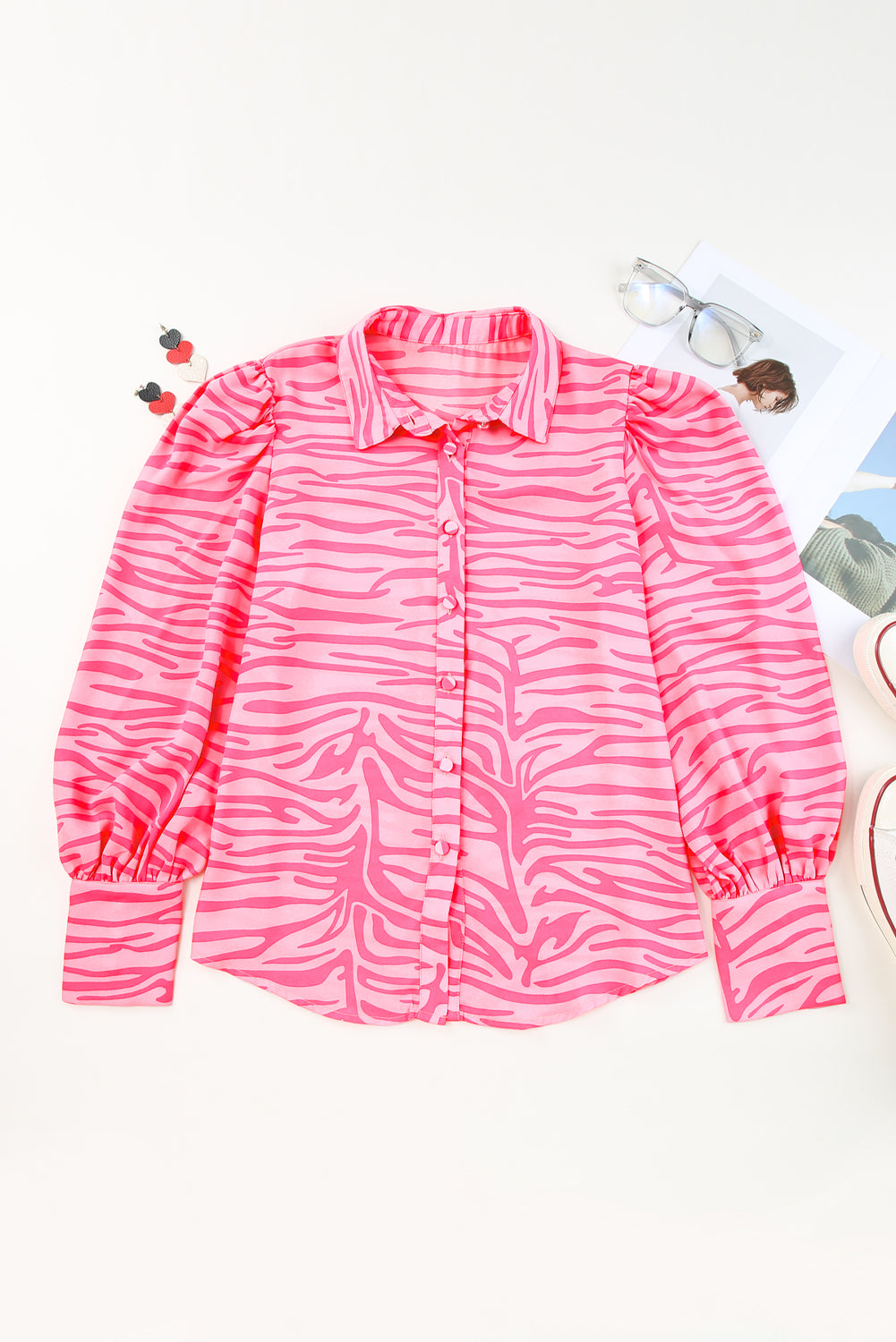 Fiery Red Floral Print Lantern Sleeve Shirt