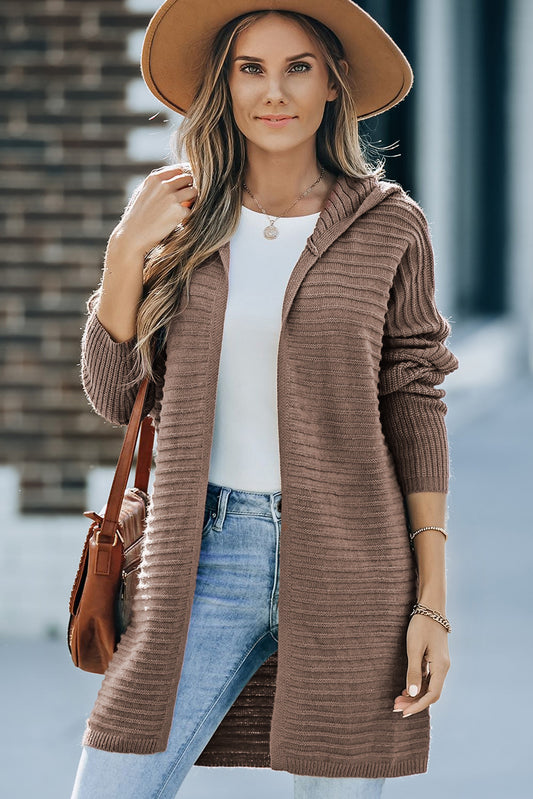 Brown Horizontal Rib Knitted Open Front Hooded Cardigan