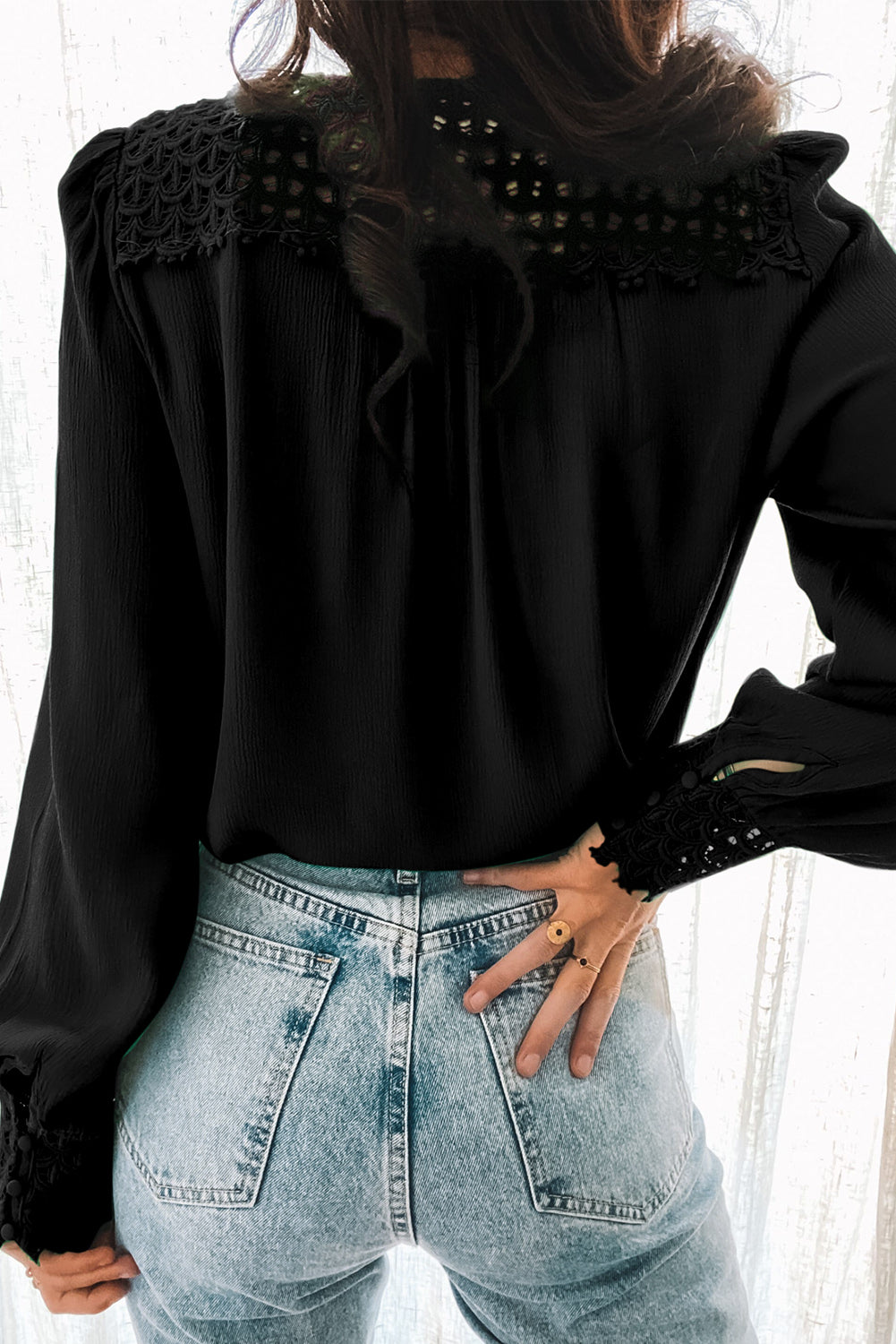 Black Crochet Lace Splice Buttoned Shirt