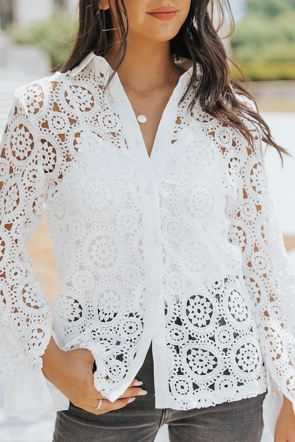 White Crochet Lace Hollow-out Turn-down Collar Shirt