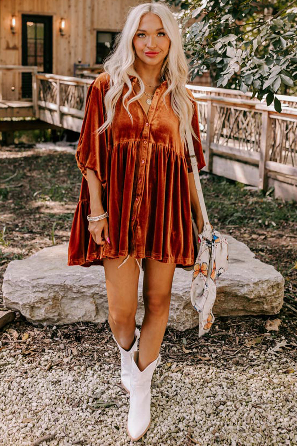 Pitaya Pink 3/4 Sleeve Tunic Babydoll Velvet Shirt