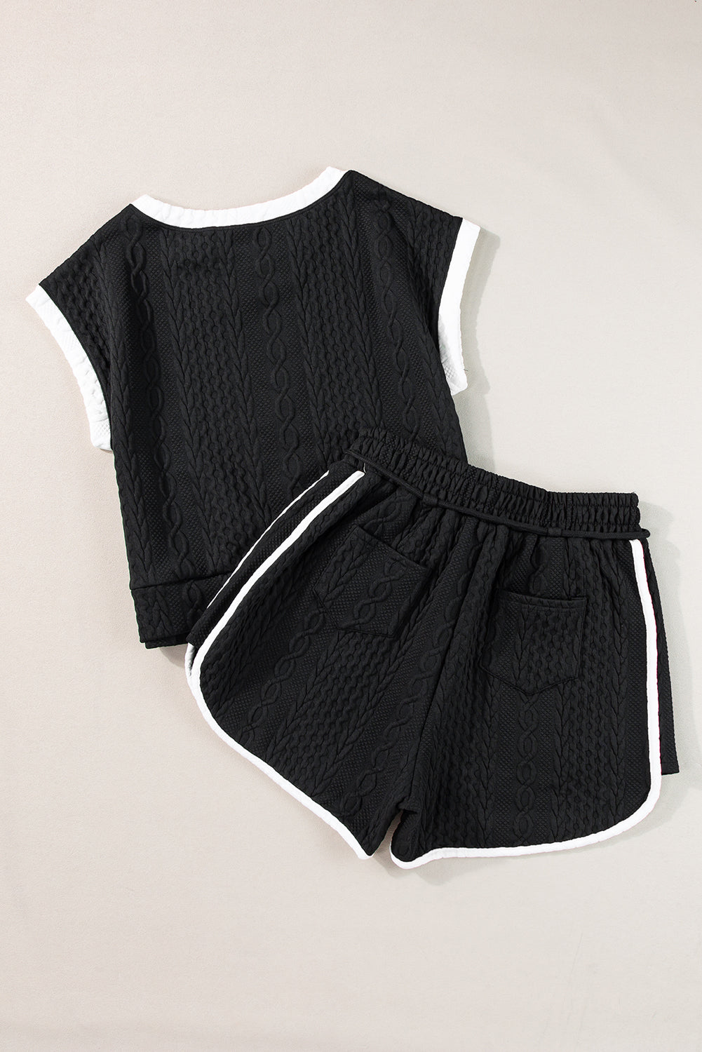 Pink Contrast Trim Cable Textured Shorts Set