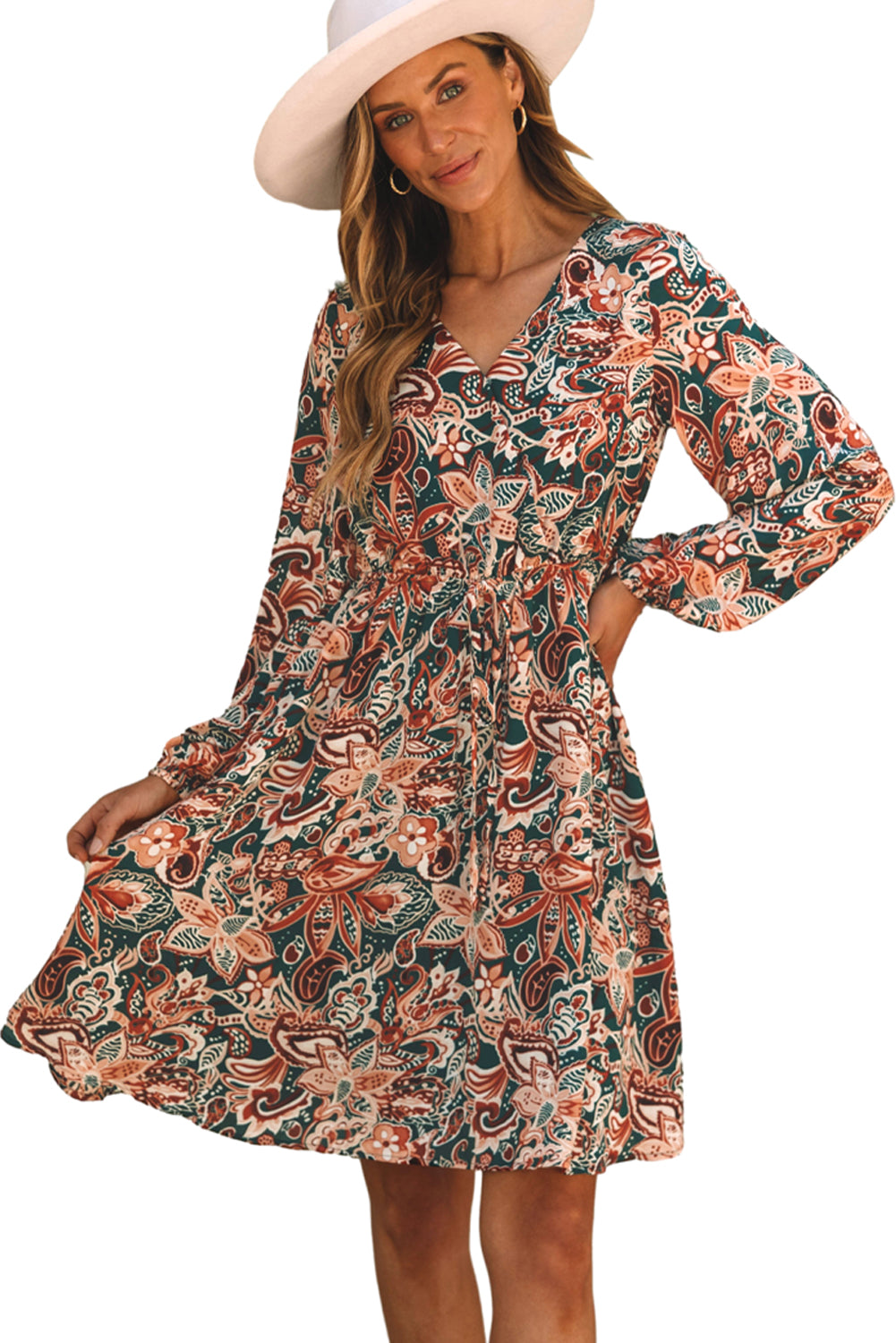 Brown Geometric Print Long Sleeve Surplice Flowy Dress