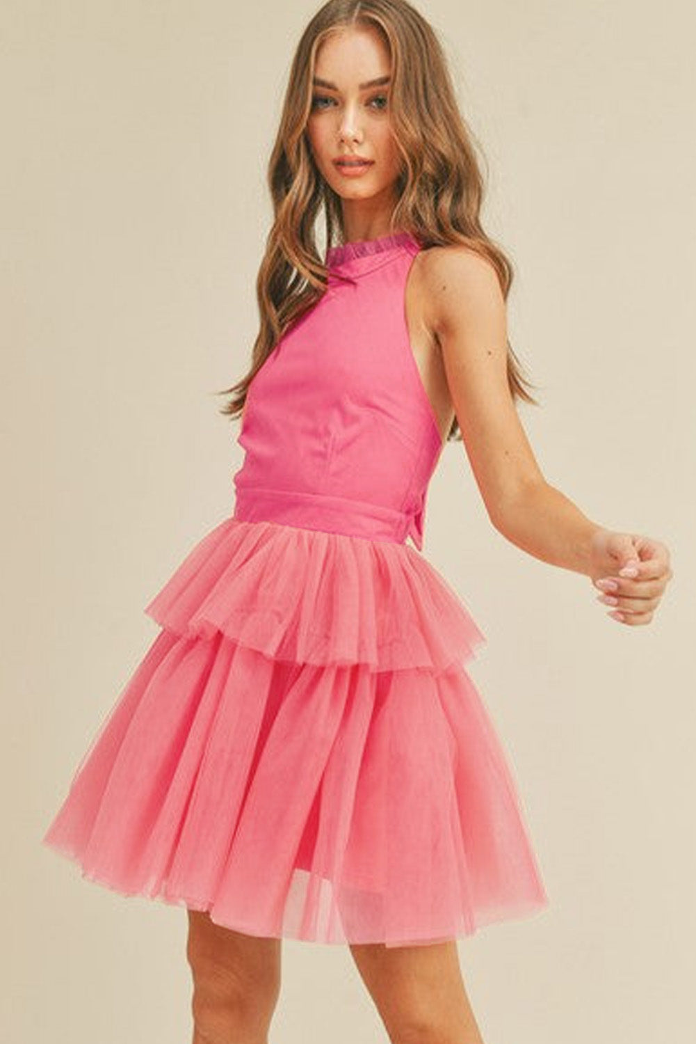 Strawberry Pink Gauze Ruffle Tiered Knotted Halter Dress