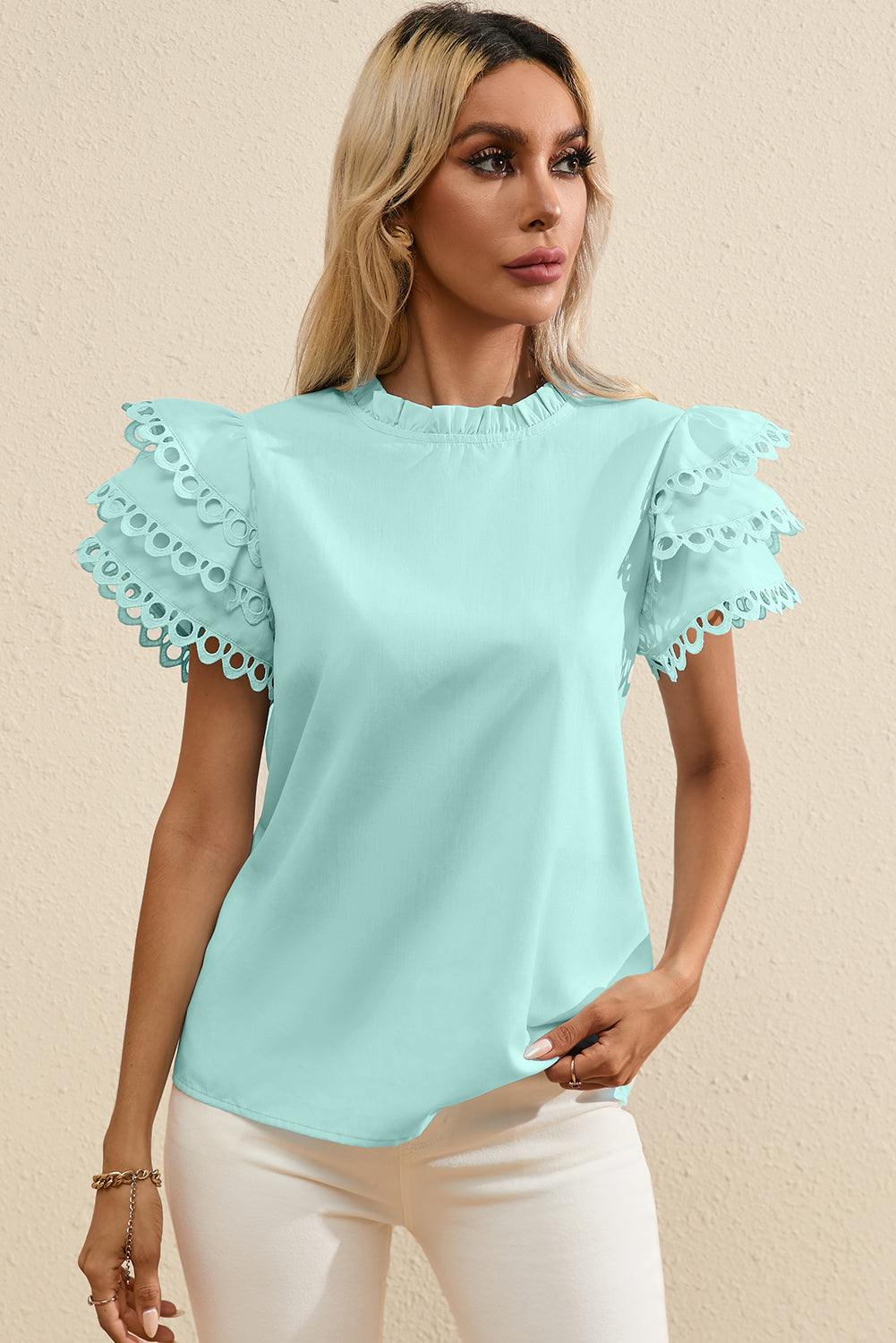 Beau Blue Layered Ric Rac Cap Sleeve Filled Neck Blouse