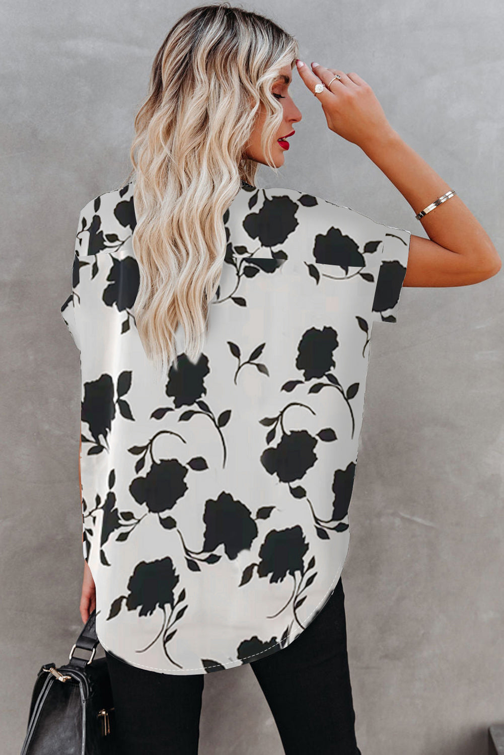 Black Floral Printed Short Sleeve Blouse