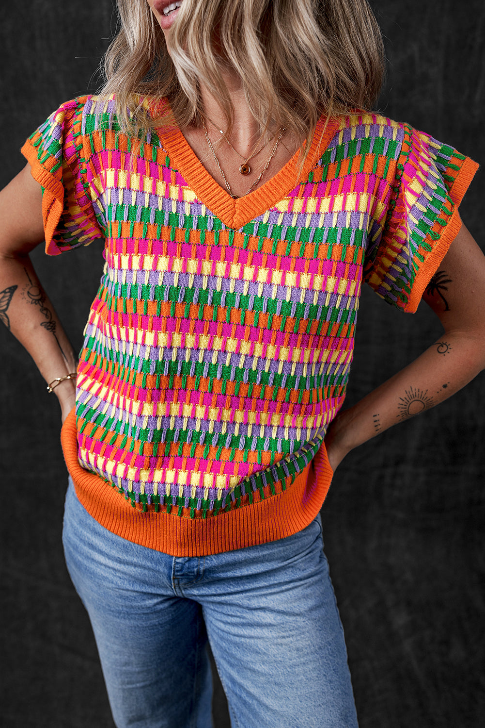 Green Multicolor Flutter Sleeve Knitted Sweater Top