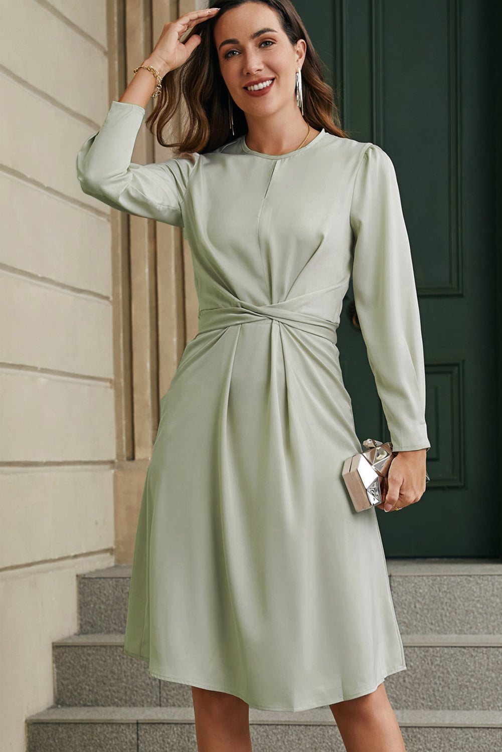 Apricot Twist Front Tie Back Long Sleeve Satin Dress