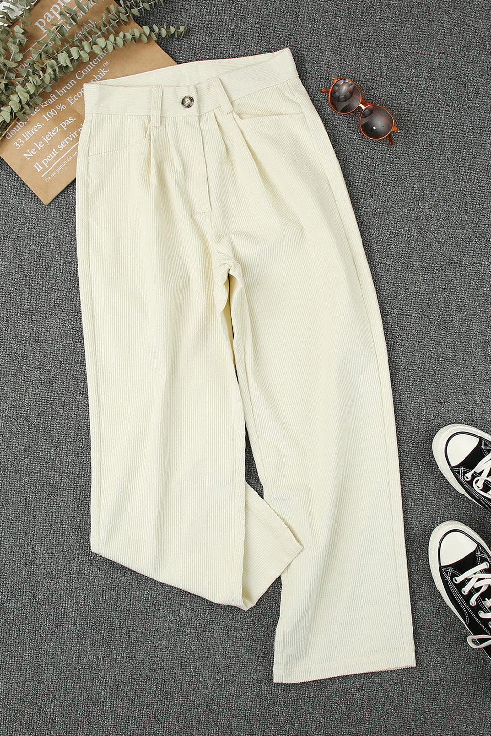 Beige Corduroy High Waist Straight Leg Pants