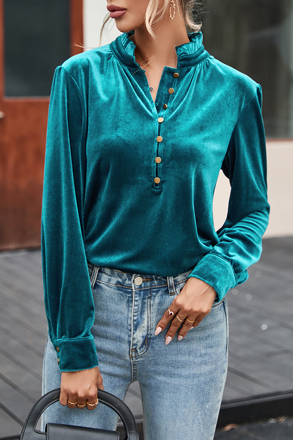 Blackish Green Frilled Neck Buttoned Front Velvet Top