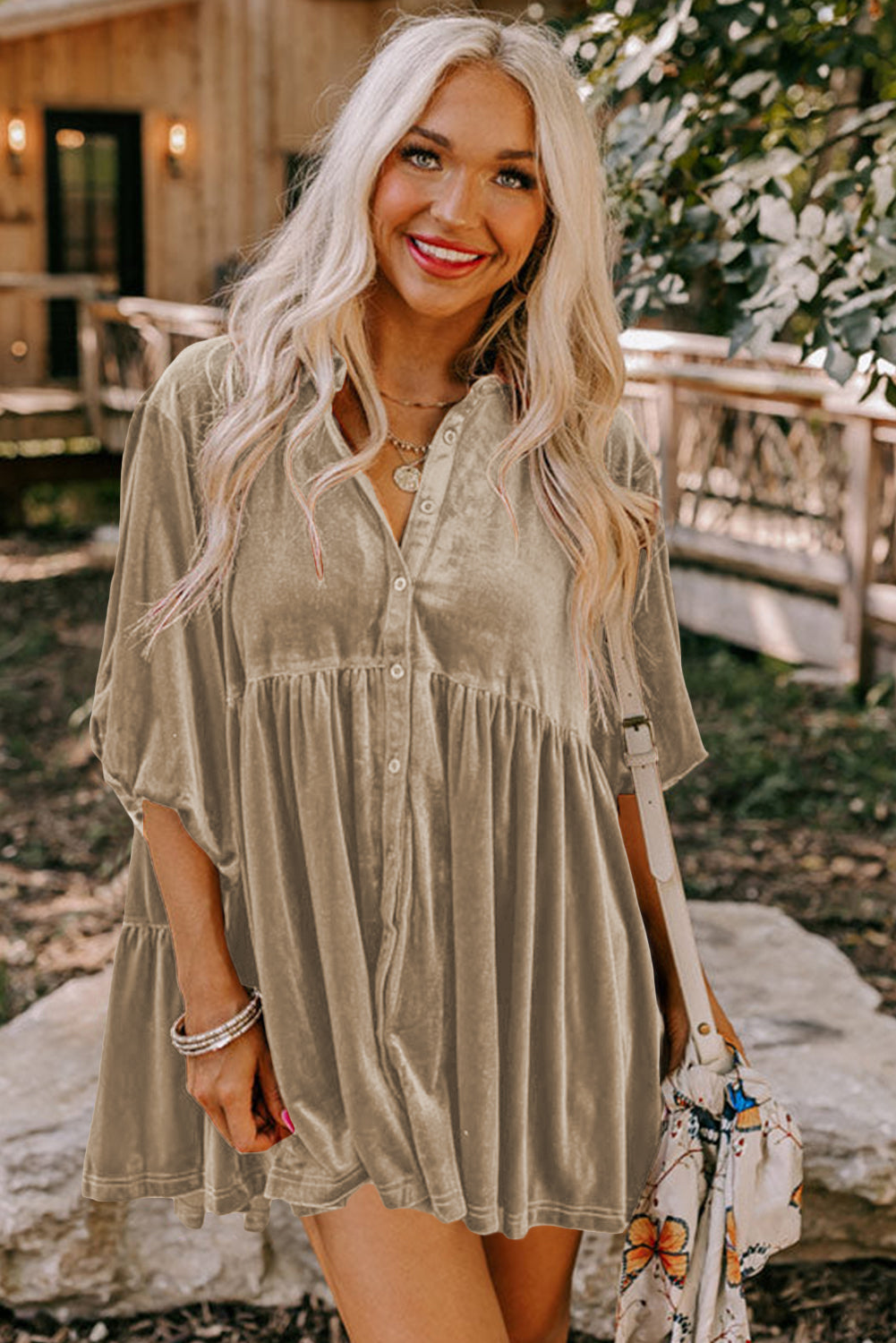 Pitaya Pink 3/4 Sleeve Tunic Babydoll Velvet Shirt