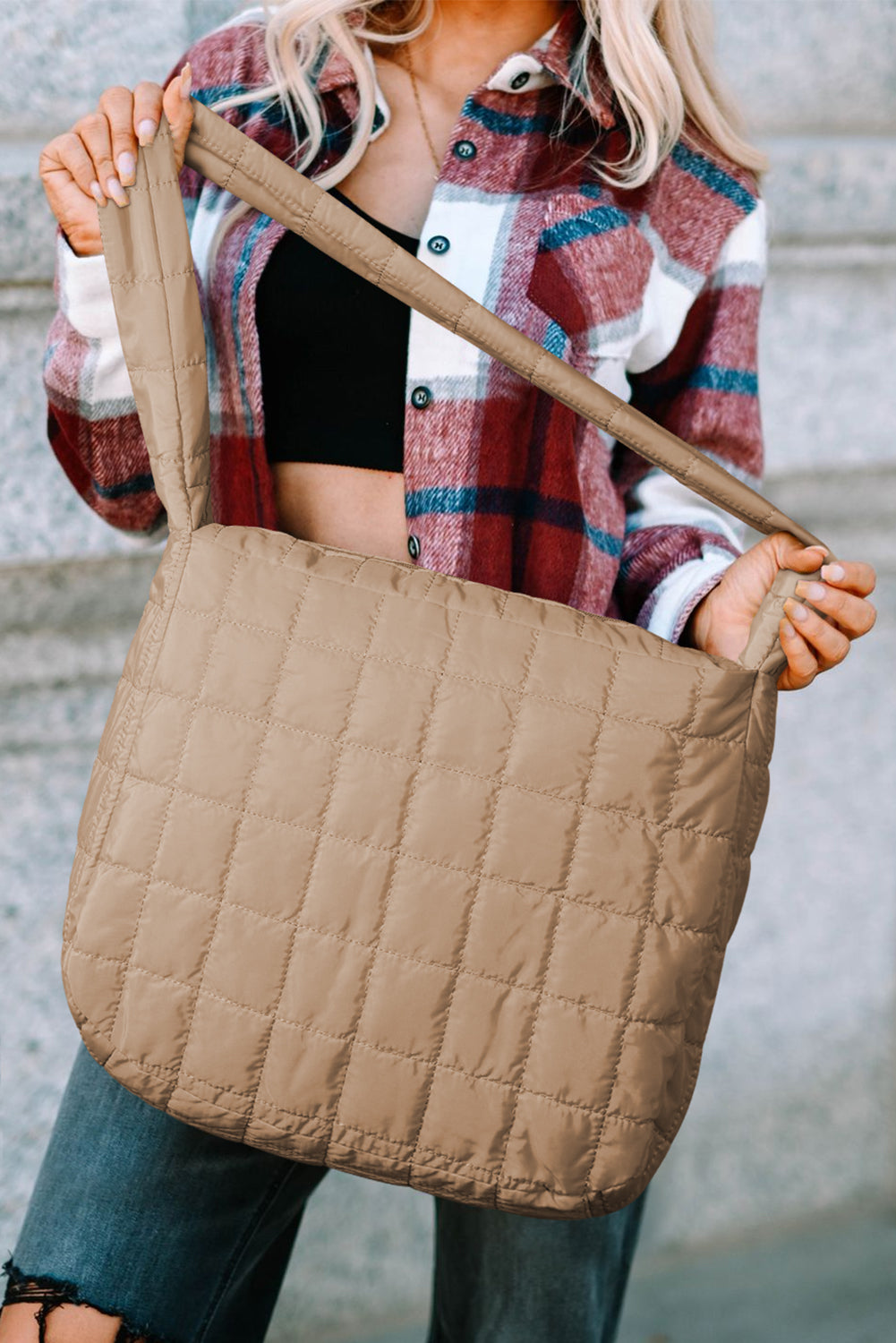 White Quilted Zipper Large Shoulder Bag