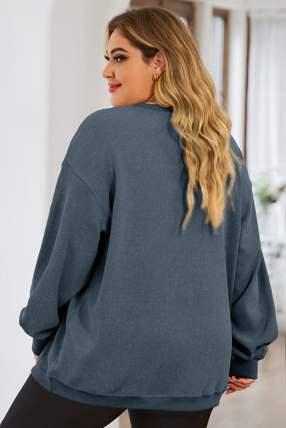 Black Plus Size Corded Round Neck Sweatshirt