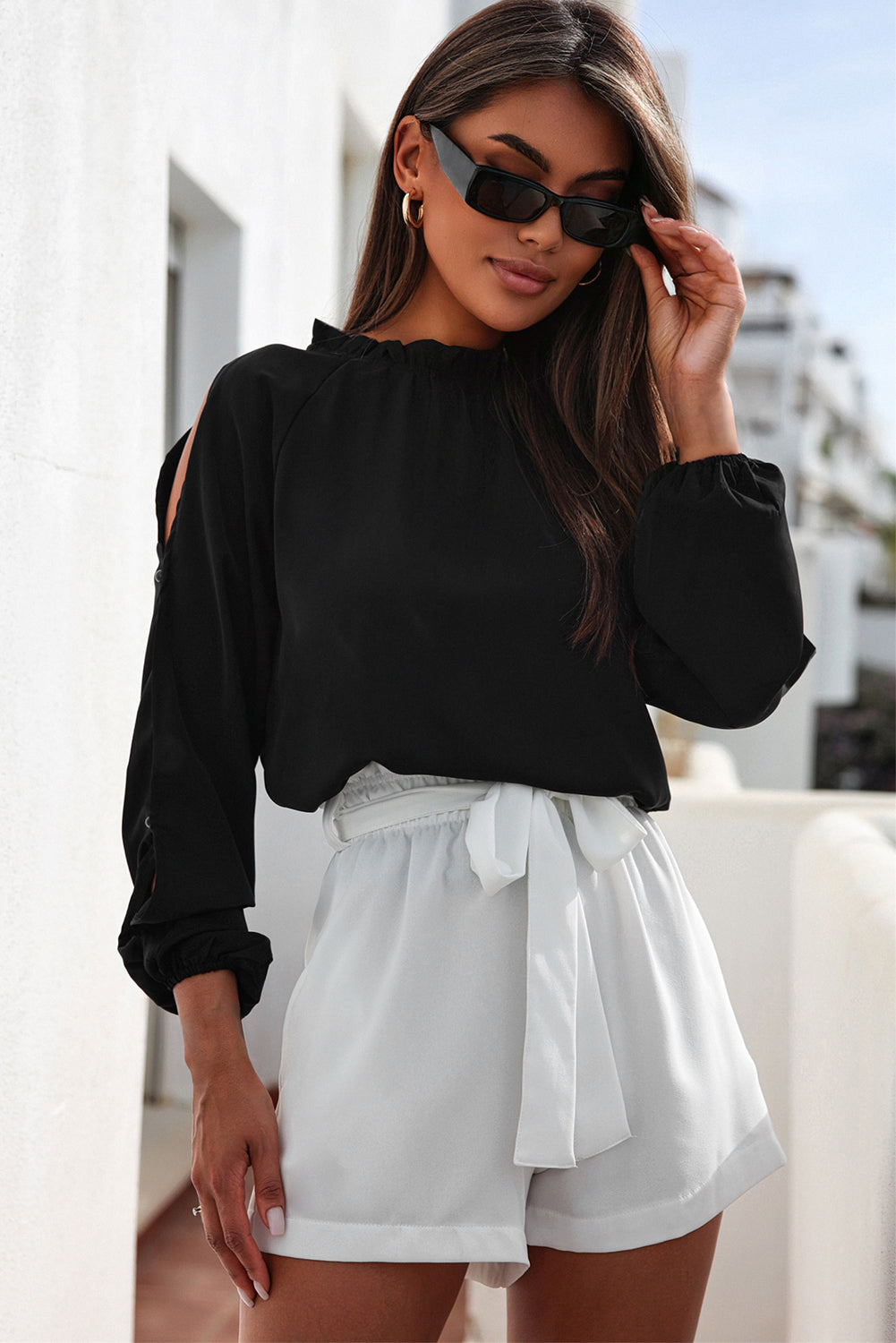 Black Cold Shoulder Bishop Sleeve Blouse