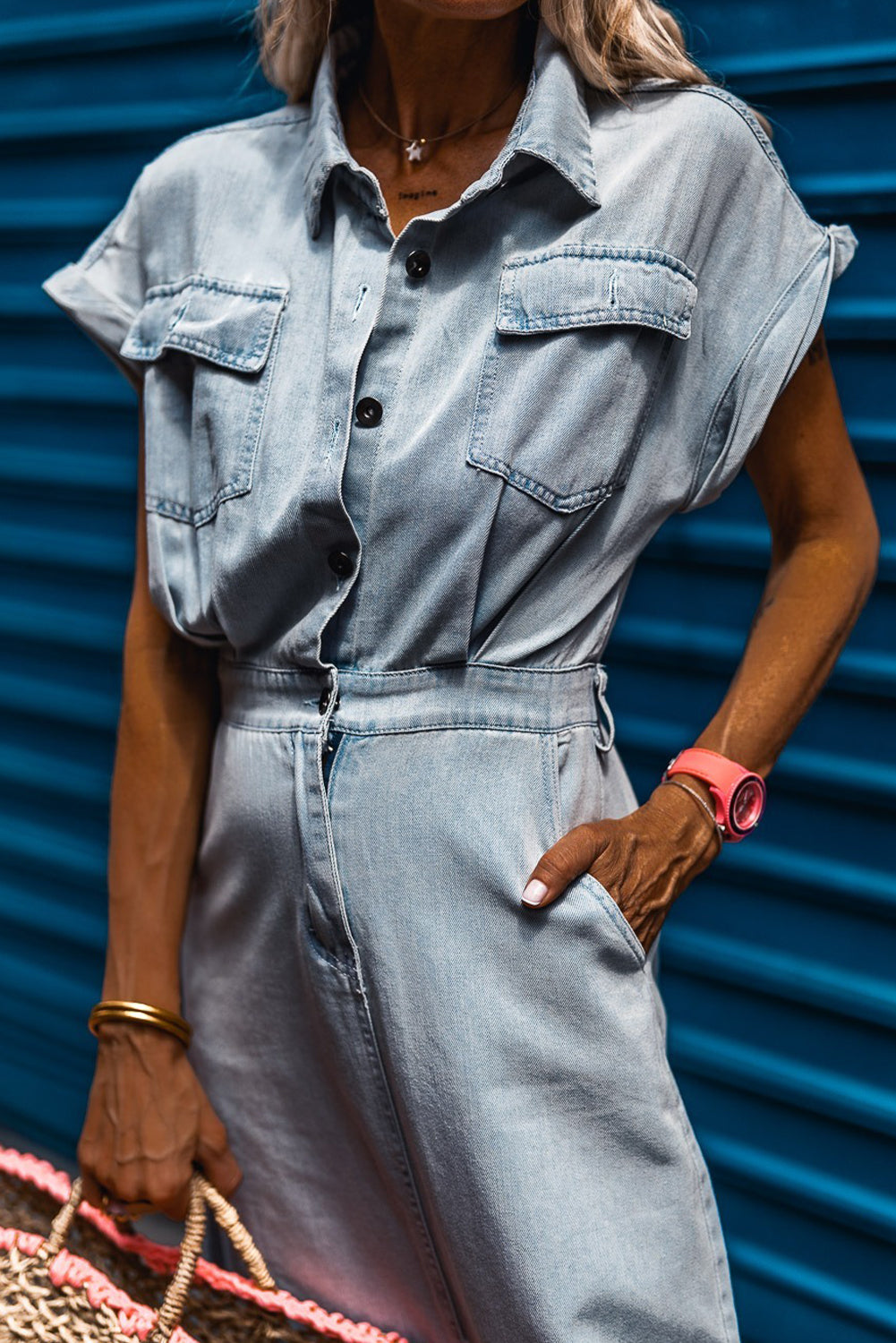 Beau Blue Short Batwing Sleeve Slit Back Denim Dress