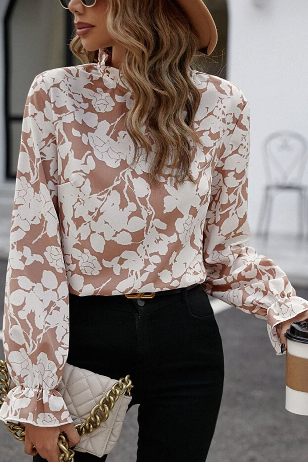 White Floral Print Frilled Neckline Flounce Sleeve Blouse