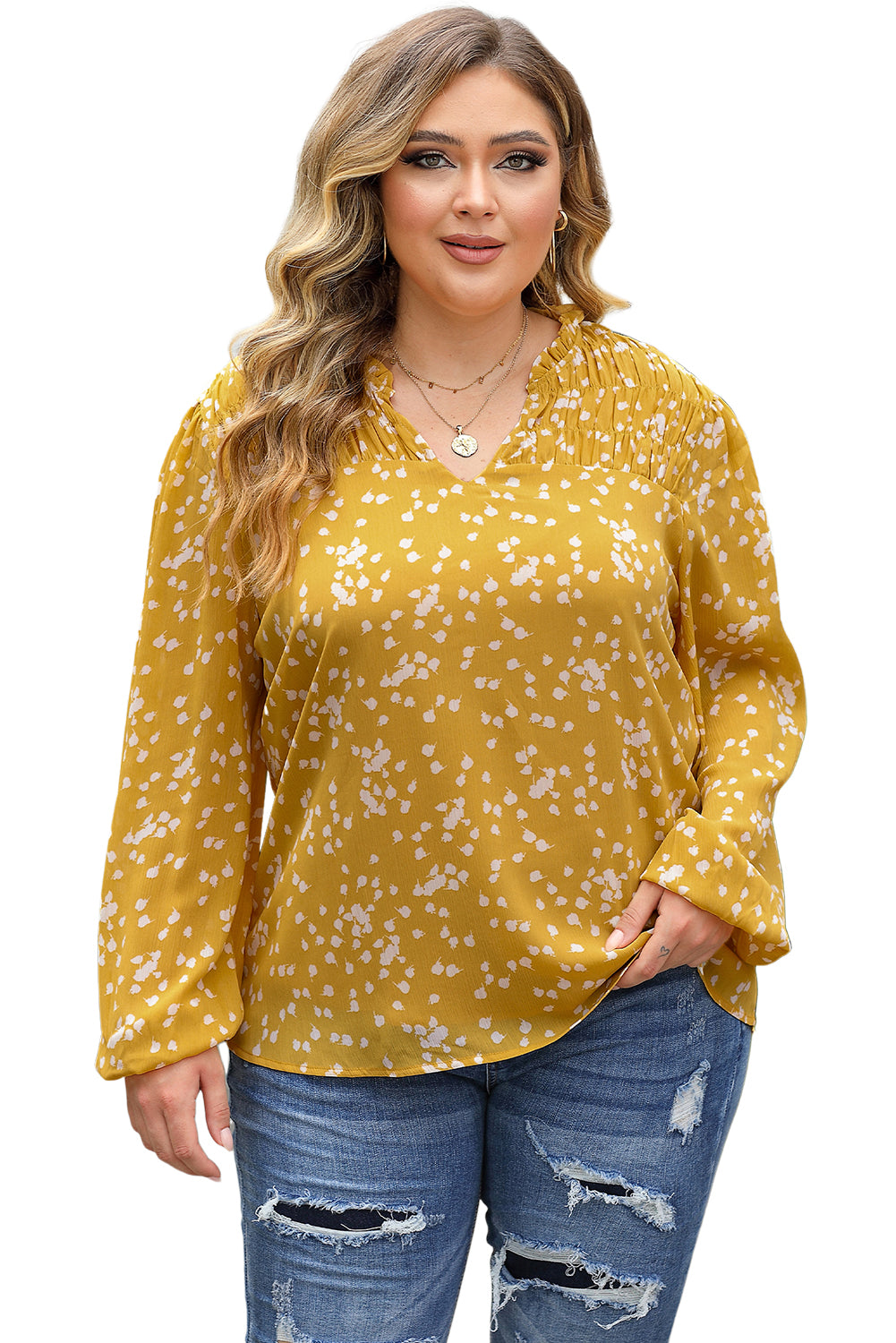 Black Plus Size Floral Print Ruched Split Neck Blouse